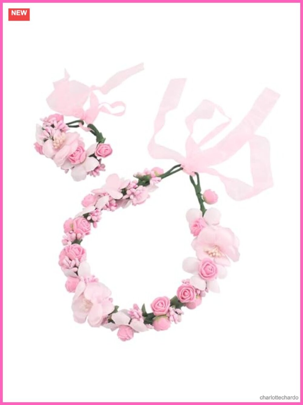 Floral Crown Headband & Wristbands Set Adjustable Ribbon Hair Accessories